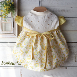 再再販)犬服〜ミモザワンピース〜フラワー レース 春夏秋 イエロー