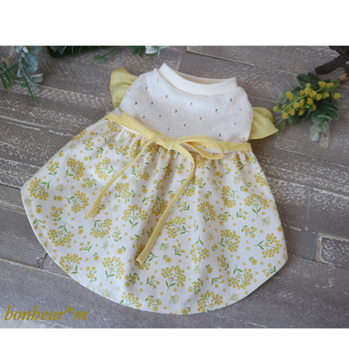再再販)犬服〜ミモザワンピース〜フラワー レース 春夏秋 イエロー