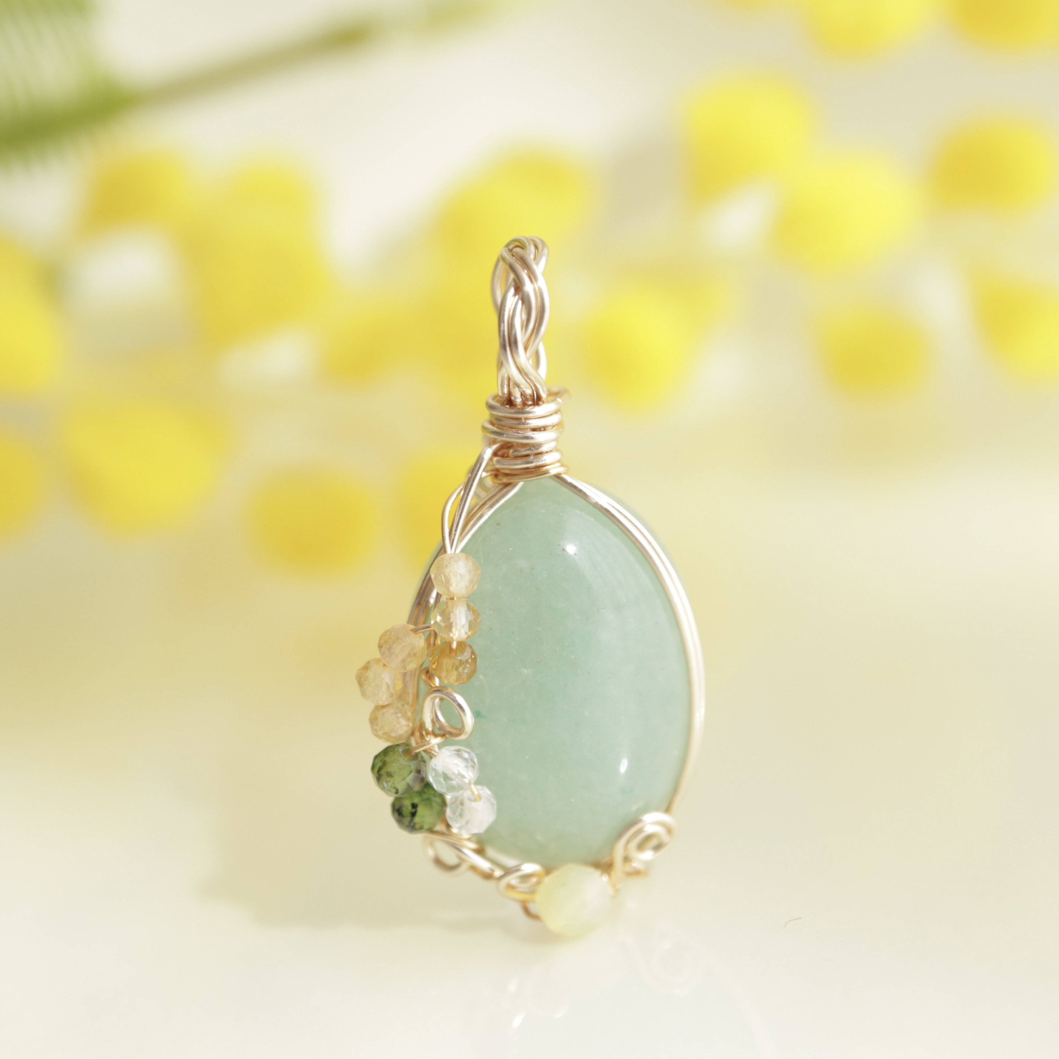 春の訪れ  ミモザペンダント  グリーンアベンチュリン  ワイヤーラッピング