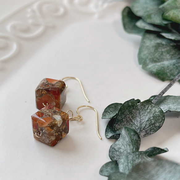 14kgf】ファイヤーオパールコッパー キューブ ピアス ピアス（フック 