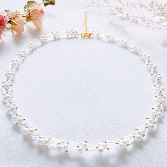 ビーズネックレス＊パール×クリア竹ビーズ✧˖°⌖ ネックレス