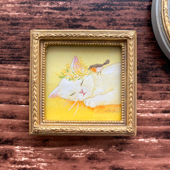 【受注制作】小さな猫の絵　『春のうたたね』　　　　/ミモザ　鳥　猫　アート　インテリア　原画 1枚目の画像