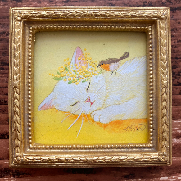 【受注制作】小さな猫の絵　『春のうたたね』　　　　/ミモザ　鳥　猫　アート　インテリア　原画 4枚目の画像