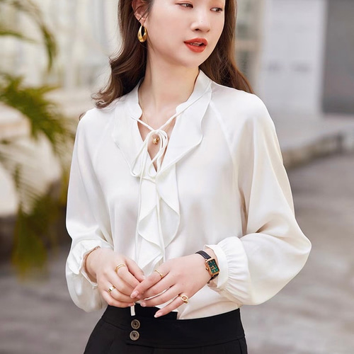 ジョーゼットシルク】フリルカラー ラグラン袖ブラウス【春秋】白