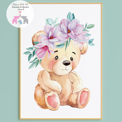 子供向けアートポスター優しいクマさん花飾りピンク系 幼稚園部屋装飾
