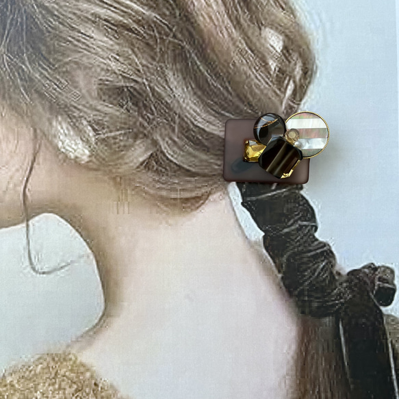 まるで宝石ヘアクリップ  チョコレートブラウンとシトリン　簡単に華やか大人可愛いボタンアクセサリー 3枚目の画像