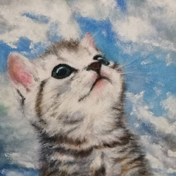 額付き　印象的な空と子猫の絵　油絵原画「この空の下で」 2枚目の画像