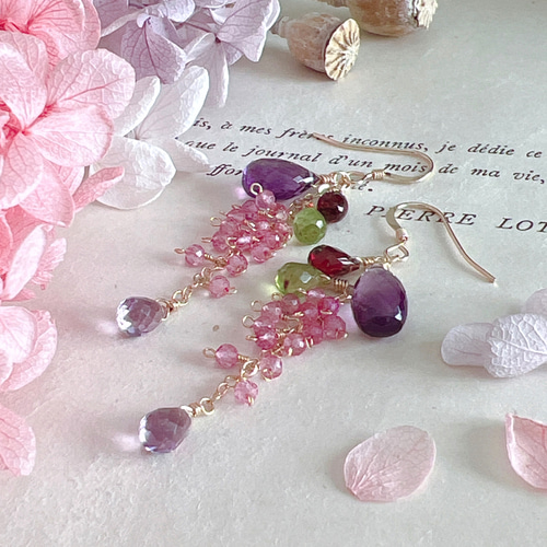 14kgf】アメジスト×春色天然石＊ピアス ピアス（フック・チェーン