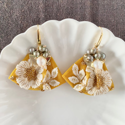 印度刺繡絲帶芥末含羞草桂花淡水珍珠手術不銹鋼耳環/耳環 第3張的照片