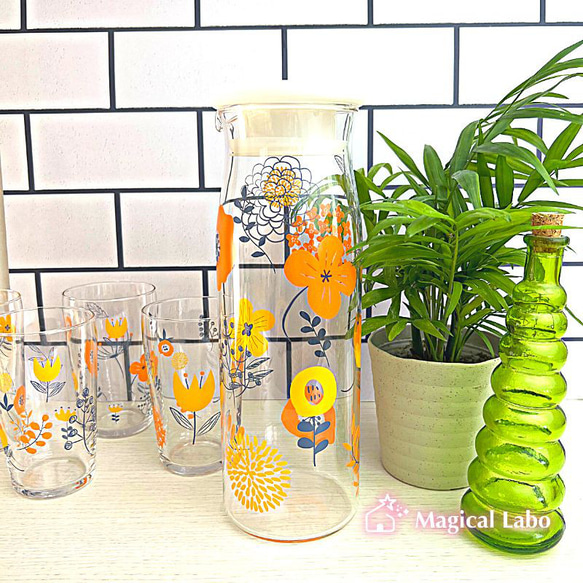 北欧風♪フラワー&リーフ柄の耐熱ピッチャー(オレンジ)☆冷水筒