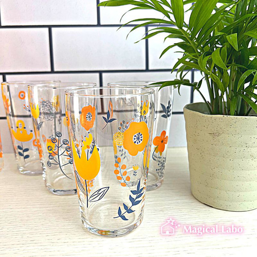 花柄　グラス 北欧風♪フラワー&リーフ柄のグラス4個セット(オレンジ)☆ グラス