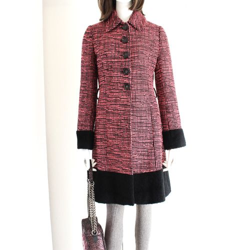 コート ウール ツイード パイル 生地 イタリア製 ベルト付き ピンク