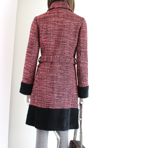 コート ウール ツイード パイル 生地 イタリア製 ベルト付き ピンク