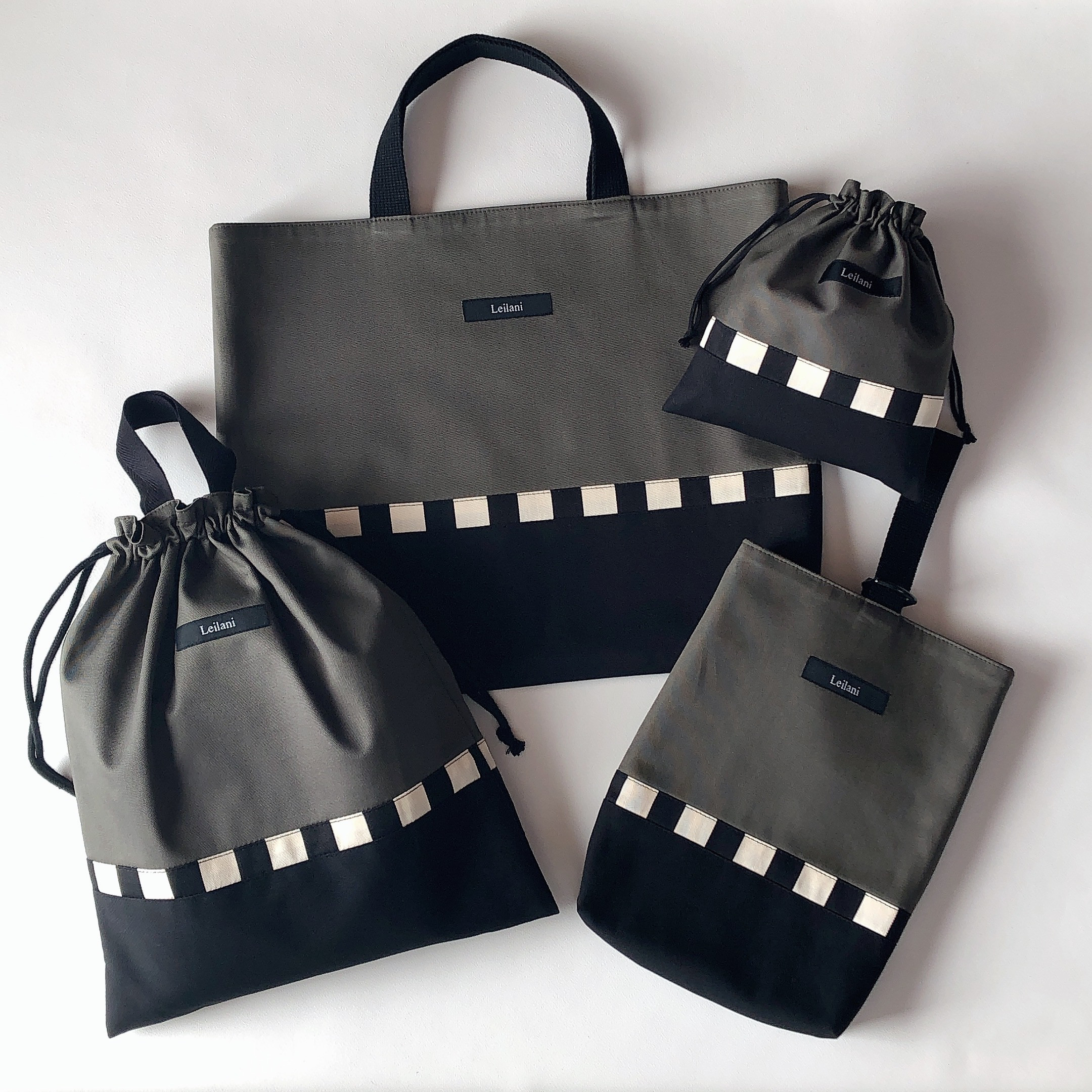 【お名前刺繍可】入園入学 レッスンバッグ シューズケース 体操着袋 コップ袋 4点セット 名入れ カーキ