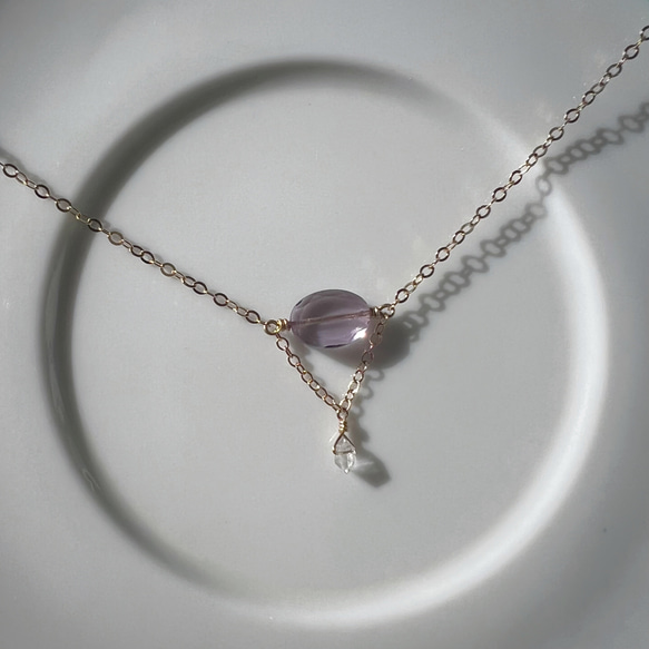 【14KGF】ピンクアメジスト+ハーキマーダイヤモンドのネックレス 3枚目の画像