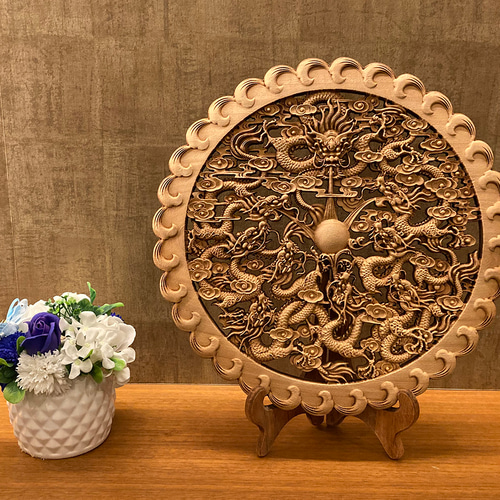 龍神透かし彫り 龍 竜 雲 天然木(くすのき) 柿渋仕上げ 龍神彫刻