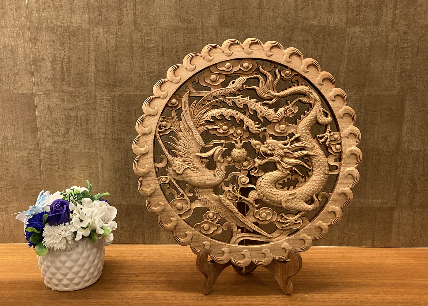 龍鳳呈祥 38ｃｍ（龍・鳳凰) 参次元彫刻