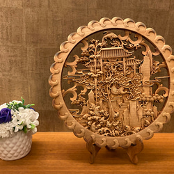 梅蘭竹菊 26.5cm（四君子 欄) 参次元彫刻『雅』 透かし彫 楠彫刻