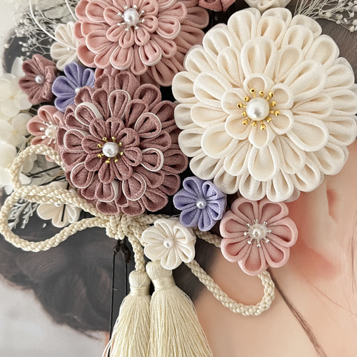 受注制作】54 和装髪飾り つまみ細工 ピンク くすみピンク 結婚式 成人