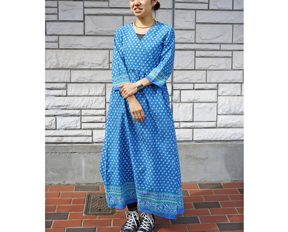 ★SALE【即納可】カシュクール・エスニックプリント・ワンピ（NK23-009-blue） 8枚目の画像