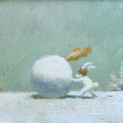 雪ダルマ職人(油彩画による冬の魚とウサギ) 1枚目の画像