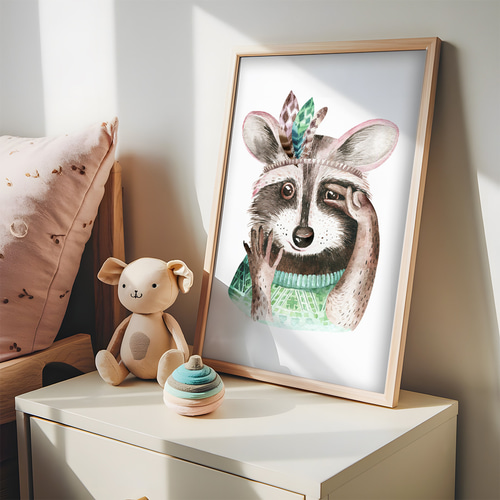 子供向けアートポスター 動物イラスト アライグマ ネイティブ風