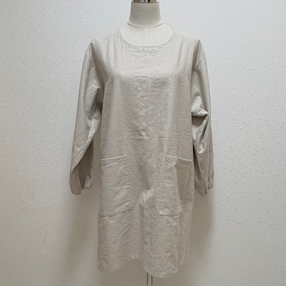 ナチュラルカラーの割烹着☆ハーフリネンキャンバス生地でしっかり目な仕上がり 2枚目の画像