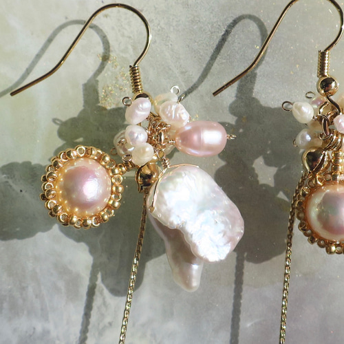 夢カラーオパール（ピンク系）×伊勢あこやパールフックピアス ✴︎天然石