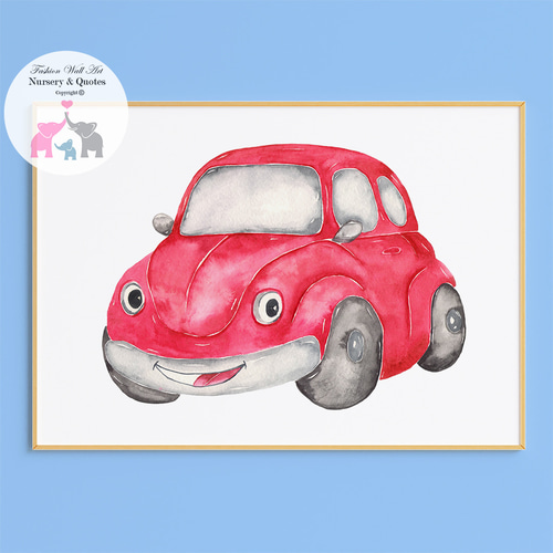 アートポスター キッズポスター 赤い車 水彩イラスト 可愛い 笑顔