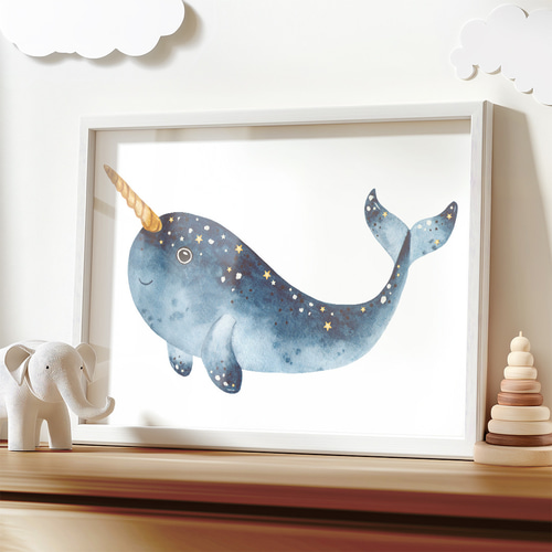 子供向けアートポスター 海のファンタジー クジラと星空の物語 水彩