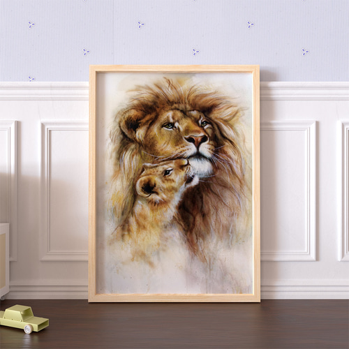 キッズポスター ライオン 親子 水彩画 やさしいブラウン トーン 北欧風