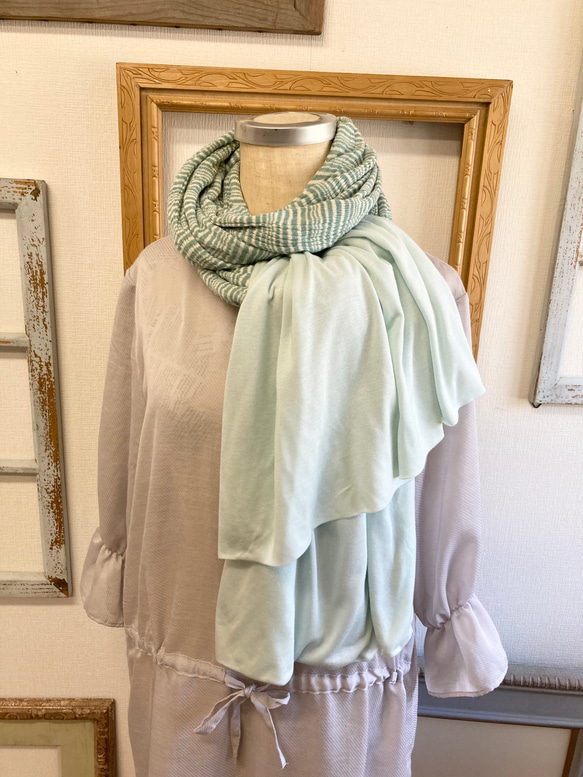 Sale price ★ Spring shoulder &amp; stole ❤️ 條紋圖案荷葉邊披肩（薄荷綠） 第13張的照片