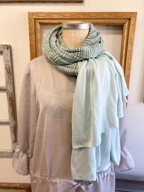 Sale price ★ Spring shoulder &amp; stole ❤️ 條紋圖案荷葉邊披肩（薄荷綠） 第12張的照片