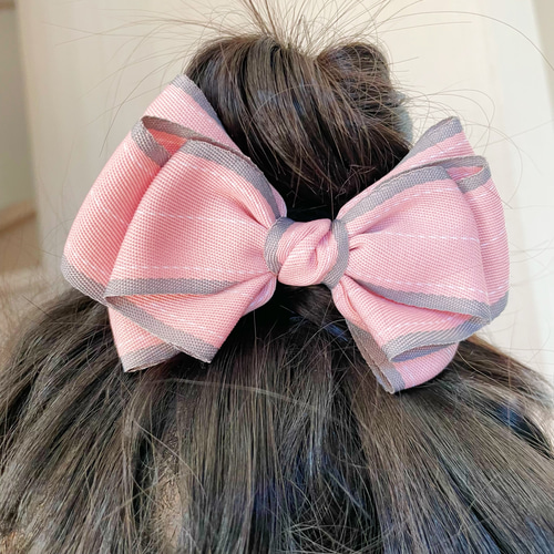 発表会、入学式 学園風 韓国ストライプ織りリボン【ピンク、ブルー  