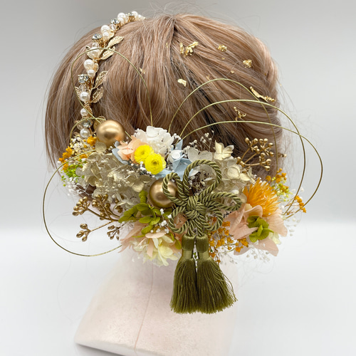 水引×金箔×小枝カチューシャ サーモンピンク ヘッドドレス 水引×金箔×小枝カチューシャ サーモンピンク ヘッドドレス