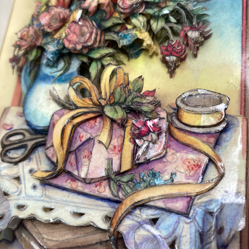 欧風立体紙彫刻、リビングの一角、贈り物、静物画、ペーパートール