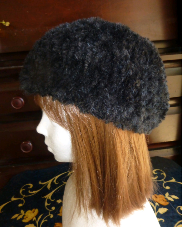 黒のファー糸のベレー帽（送料無料） 3枚目の画像