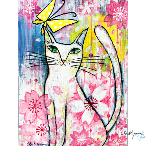 原画 北欧アート『夜桜と猫』 おしゃれ モダンアート 現代アート 原画 北欧アート『夜桜と猫』 おしゃれ モダンアート 現代アート