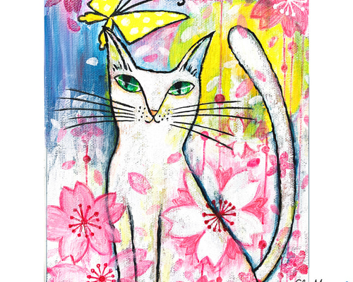 絵画「猫とミモザ」絵画アーティスト:ガジュマルさん作品