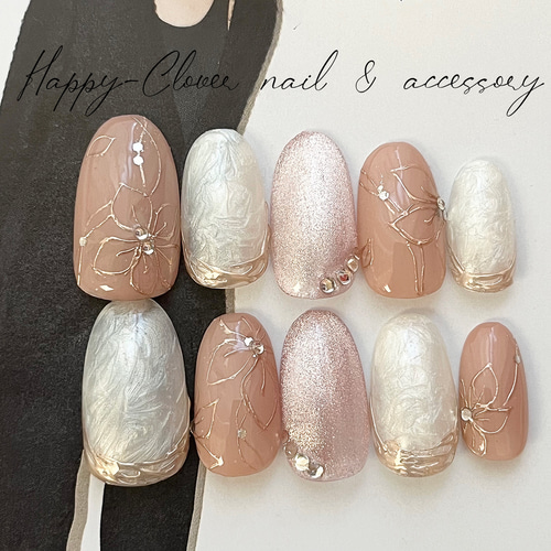 ピンクベージュニュアンスフラワー水引ネイル ブライダル 前撮り 成人