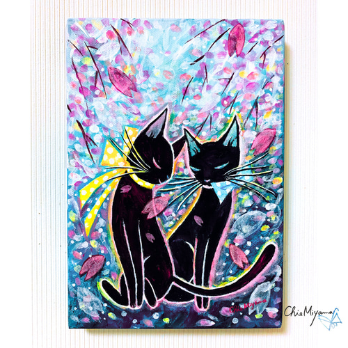原画 北欧アート『桜吹雪と黒猫』 おしゃれ モダンアート 現代 原画 北欧アート『桜吹雪と黒猫』 おしゃれ モダンアート 現代