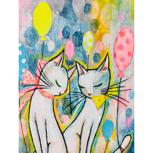 原画 「月夜の白猫ファミリー」 F10号 ＃絵画 ＃ねこ ＃子猫