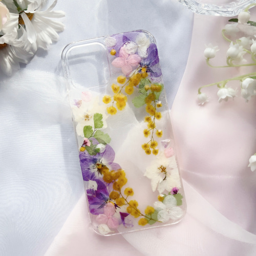 全機種対応*・ﾟ✽.ミモザとビオラの押し花ケース*・ﾟ✽. iPhoneケース  