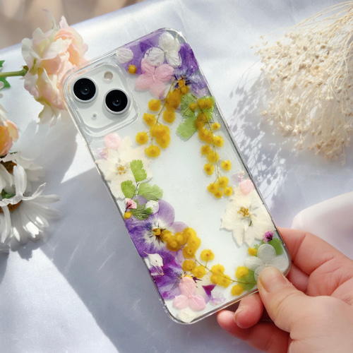 全機種対応*・ﾟ✽.ミモザとビオラの押し花ケース*・ﾟ✽. iPhoneケース  