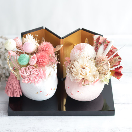 白桃うさぎさんの“和の花祭り”アレンジポット*プリザーブド 白桃うさぎさんの“和の花祭り”アレンジポット*プリザーブド