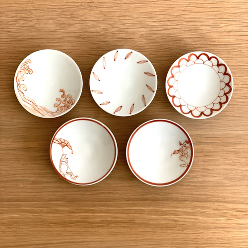 京焼・清水焼】京都 水野春陽窯 上絵 赤絵 豆皿（鳥獣戯画、波