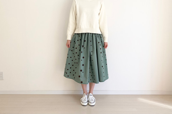 エムアンドキョウコ新品コットンスカート ランダムドット コットンスカート チョコミント フレアスカート firia
