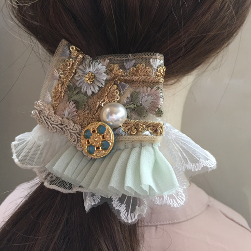 インド刺繍リボン ポニーフック ヘアカフ アイボリー ブラウンシフォン
