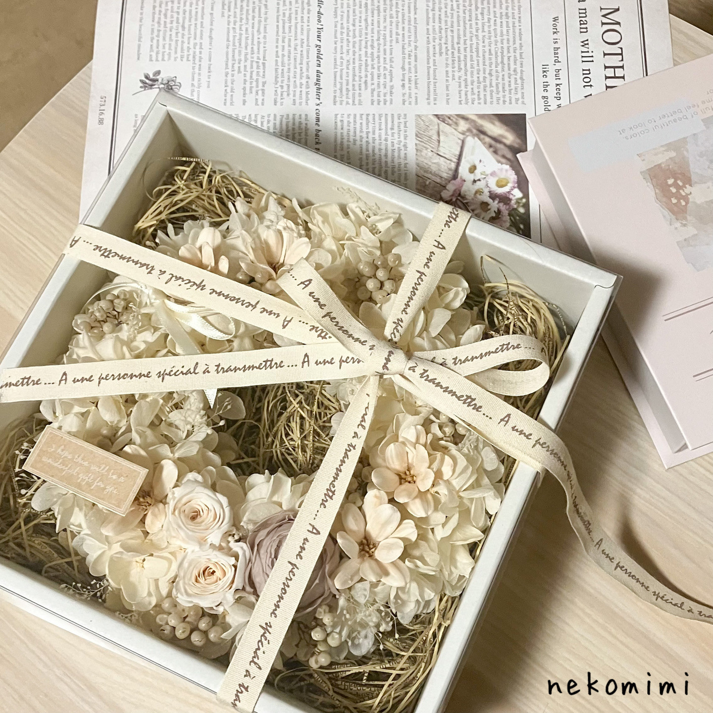 【約20㎝】もこもこフラワーリース＊* アジサイとバラのホワイトカラーリース