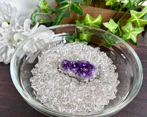 浄化セット ヒマラヤ水晶さざれ アメジスト クラスター 14cm 器付き